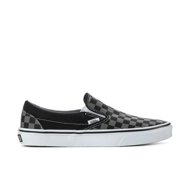 Black slip-on sneakers with pewter checkerboard canvas and white rubber sole