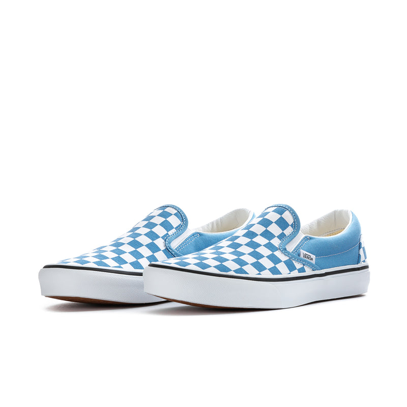 Mens slip-on sneakers with blue checkerboard upper and padded collar