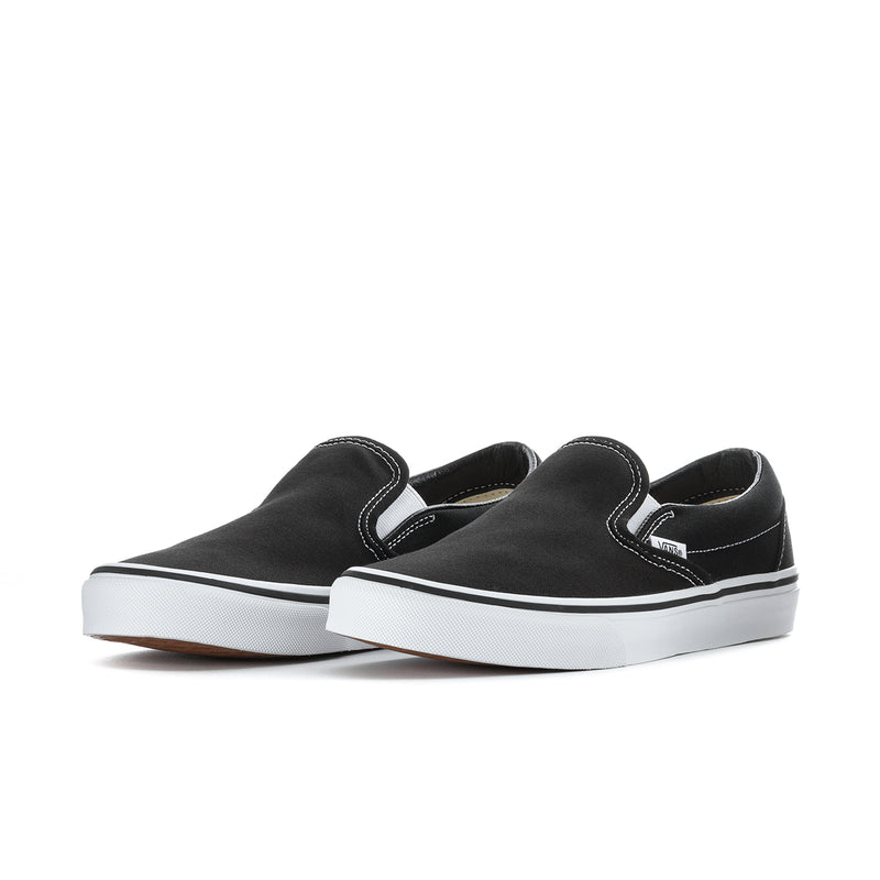 Vans men's classic slip-on sneakers, black upper with white rubber sole.