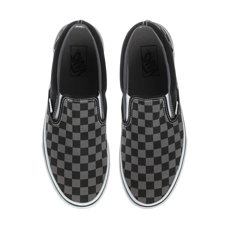 Black slip-on sneakers with pewter checkerboard panels and cushioned interior