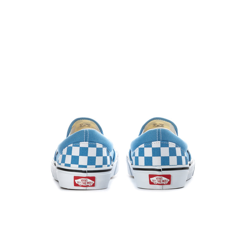 Mens slip-on sneakers, rear view with blue heel tab and checkerboard canvas