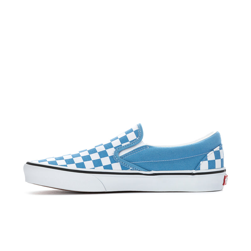 Mens slip-on sneakers, side view with blue checkerboard pattern and elastic gore