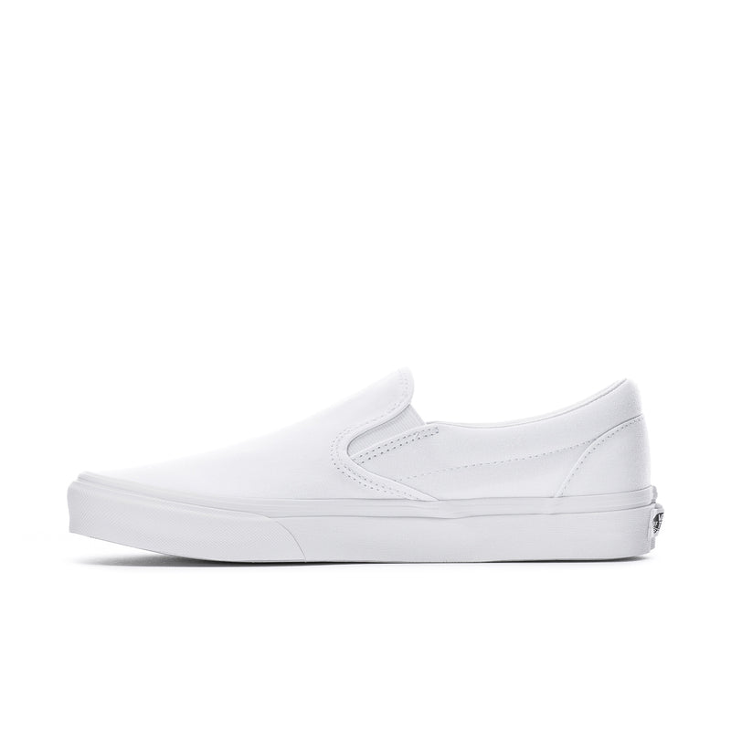 White mens slip-on sneakers, side profile with VANS logo and clean low platform sole