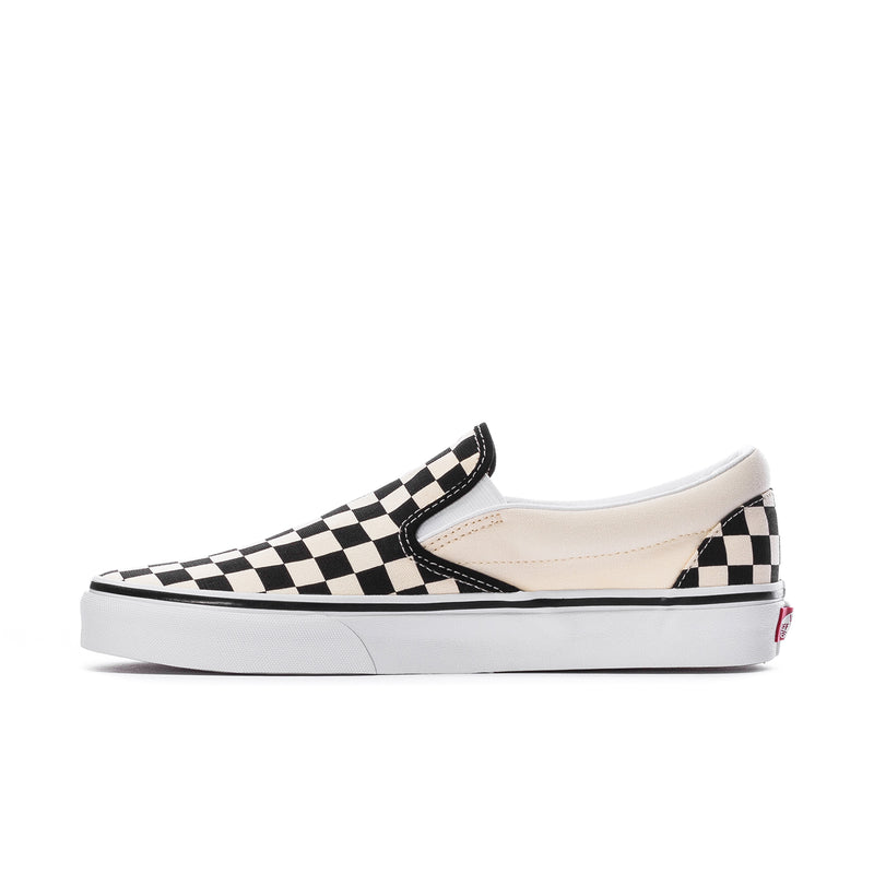 Men's Vans slip-on sneakers in black/white checkerboard canvas with white rubber sole