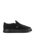 Black toddler slip-on sneakers with side logo and low-profile rubber sole