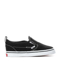 Black toddler slip-on sneakers with white stitching and Vans side logo