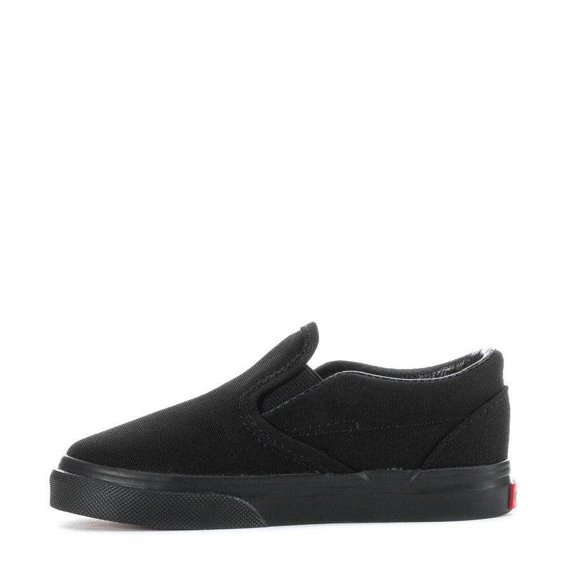 Black toddler slip-on sneakers with rounded toe and stitched collar detail