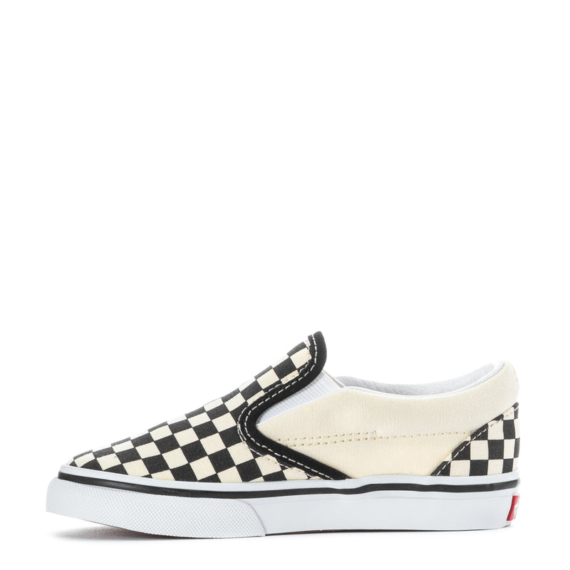 Toddler slip-on sneakers front three-quarter view, checkerboard upper