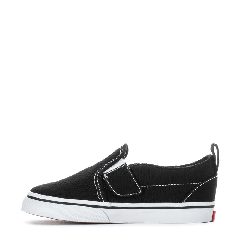 Black toddler slip-on sneaker with top strap detail and white midsole