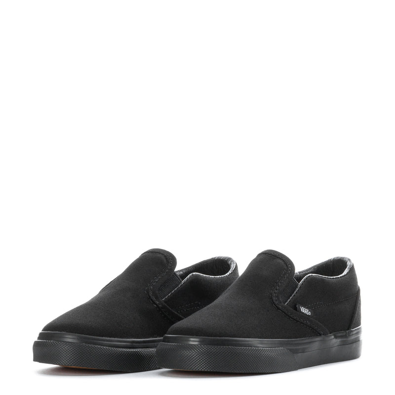 Black toddler slip-on sneakers, pair view, closed upper and cushioned collar