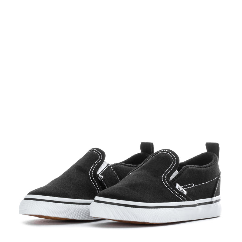 Pair of black toddler slip-on sneakers with V-shaped stitching and white trim