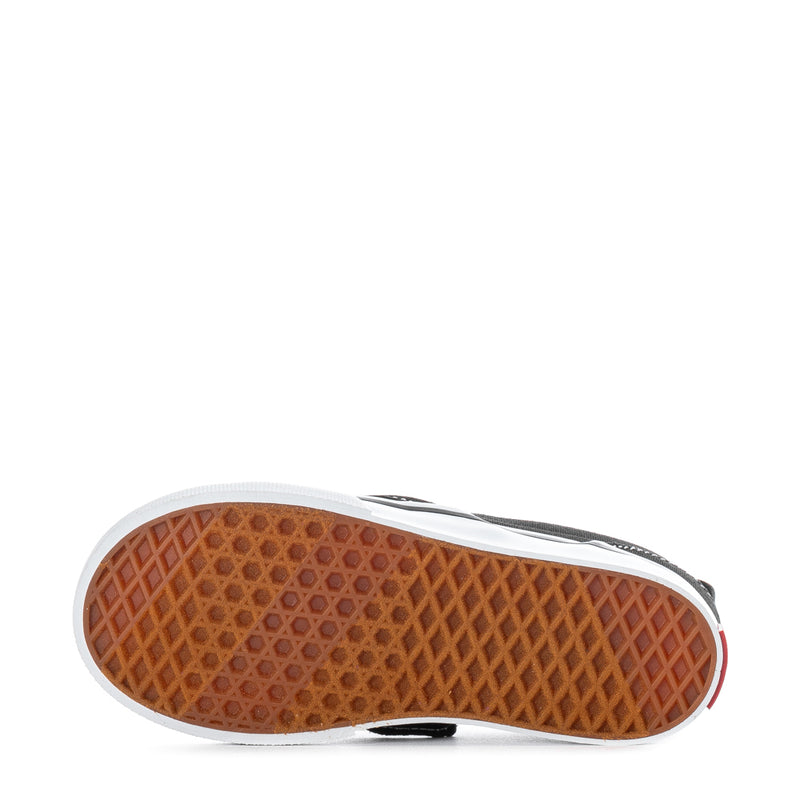 Toddler slip-on sneaker outsole with brown tread and white rubber edge