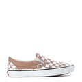 Women's slip-on sneaker in warm taupe/white checkerboard with Vans side stripe