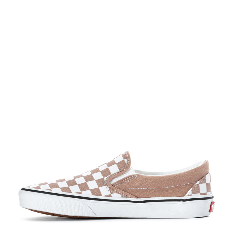 Women's slip-on sneaker, side view, warm taupe and white checkerboard upper