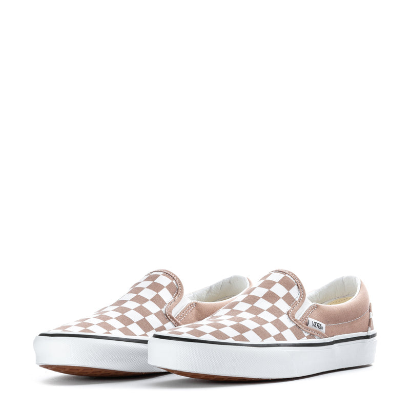 Women's slip-on sneaker pair front view, warm taupe/white checkerboard pattern