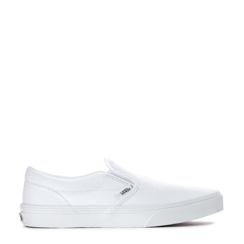 Youth white slip-on sneakers with VANS side logo and stitched canvas upper