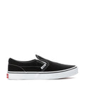 Youth black slip-on sneakers with white midsole and side stripe stitching