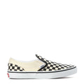 Youth slip-on sneakers with black-and-white checkerboard canvas and white rubber sole