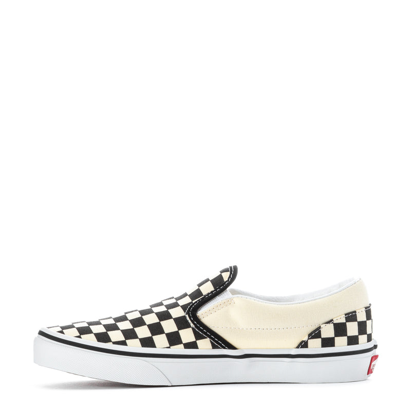 Youth slip-on sneakers, black-and-white checkerboard upper with cushioned cream collar