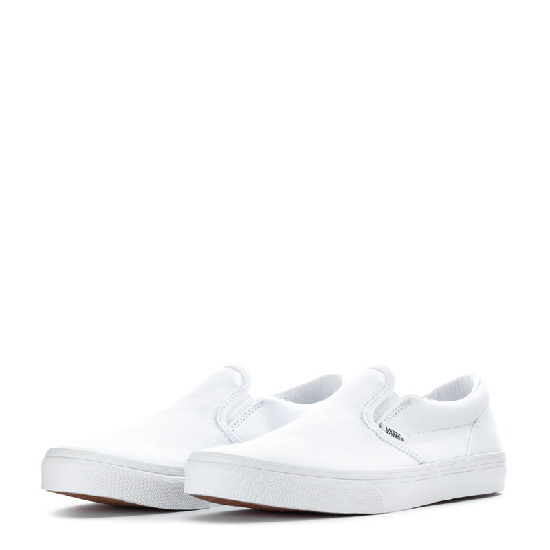 Youth white slip-on sneakers, pair view with elastic goring and padded openings