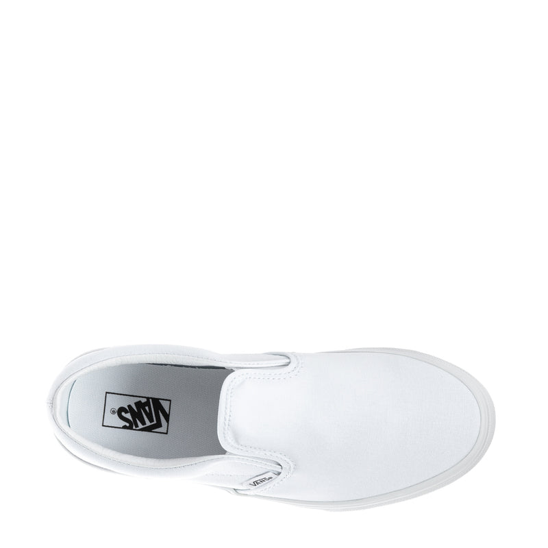Youth white slip-on sneakers, inside view with VANS logo patch on lining