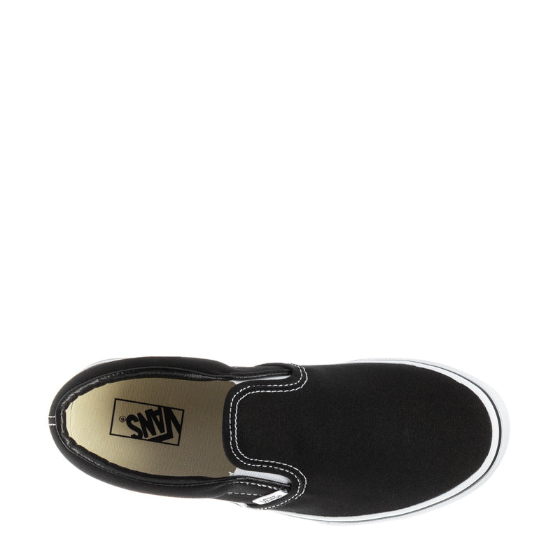 Youth Vans black slip-on sneaker with tan inner lining and side opening