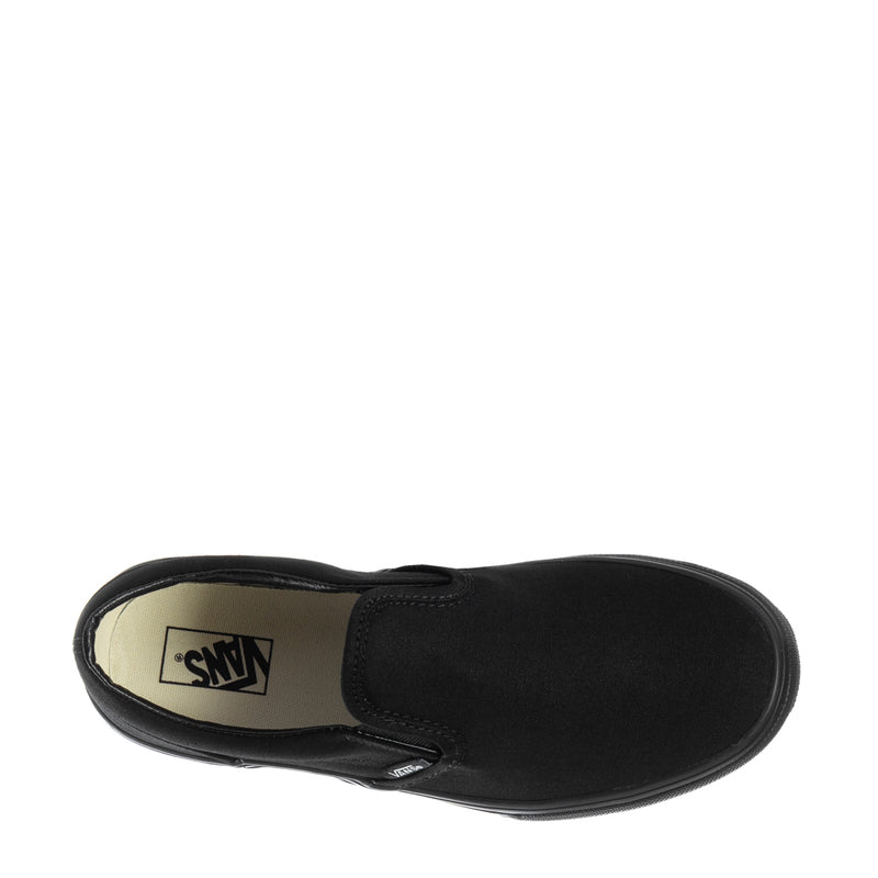 Vans youth black slip-on sneaker, side opening with logo on the insole