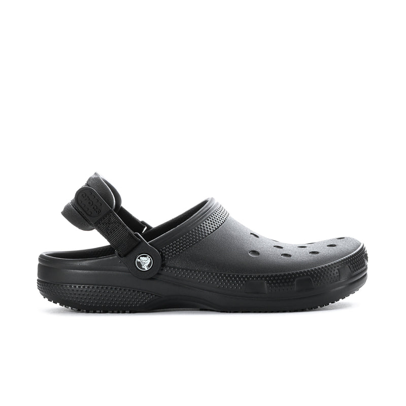 Men's black slip-resistant clogs with perforations and adjustable strap
