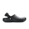 Men's black slip-resistant clogs with perforations and adjustable strap