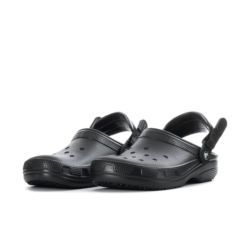 Men's black slip-resistant clogs, side view, vent holes and back strap