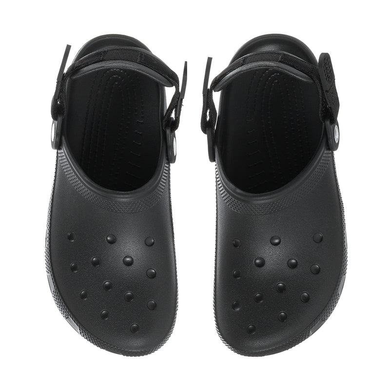 Men's black slip-resistant clogs, back view with heel strap and perforation dots