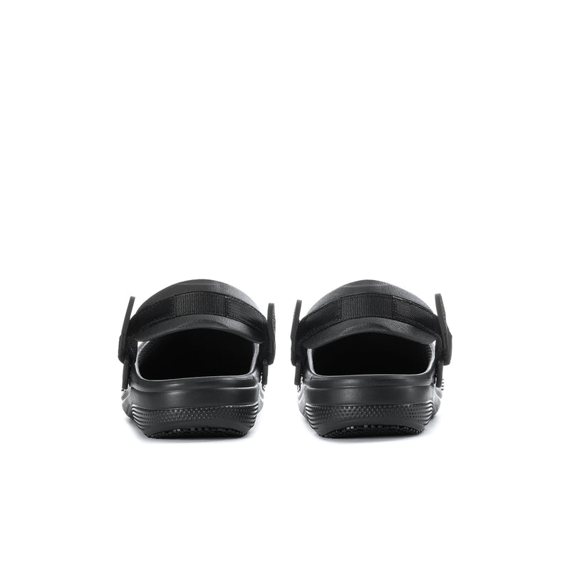 Men's black slip-resistant clogs, rear view showing molded heel and strap