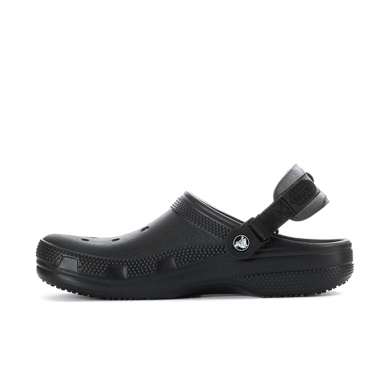Men's black slip-resistant clog with adjustable strap and textured side grips
