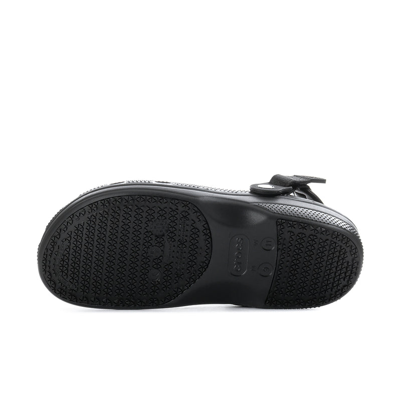 Black slip-resistant clog outsole with textured tread pattern