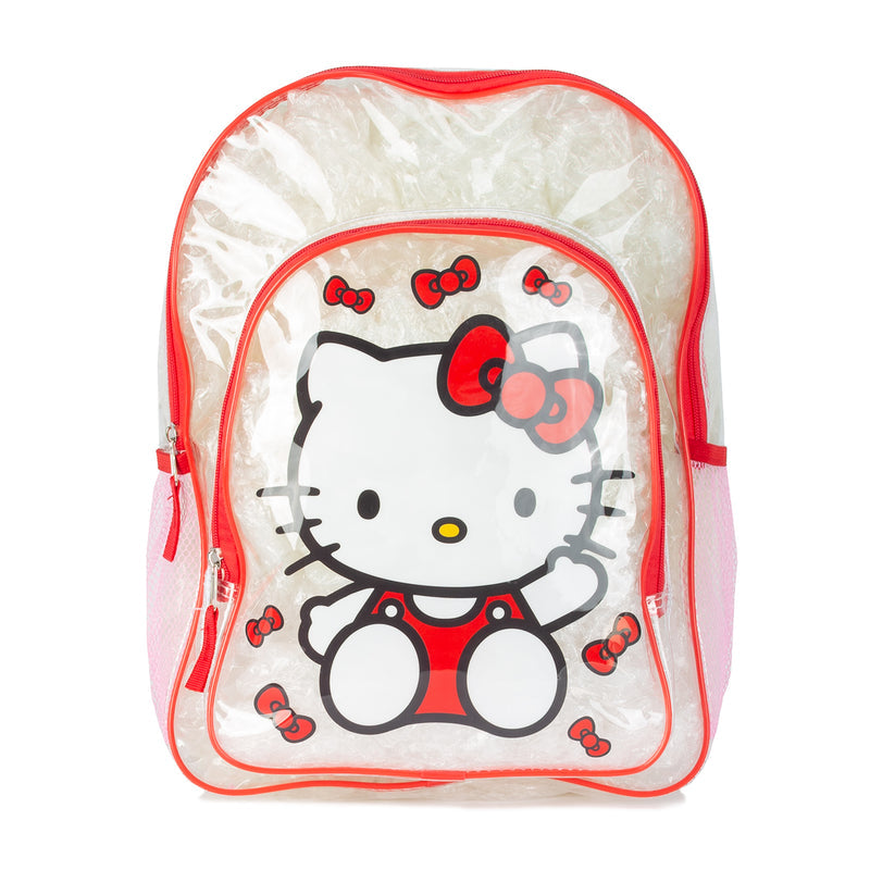 Transparent red-trim Hello Kitty backpack with front character face print and zip closure