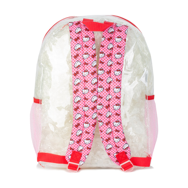Transparent red-trim Hello Kitty backpack back view with pink patterned lining and straps