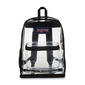 Black-trim clear Jansport backpack with front storage window and top carry straps.