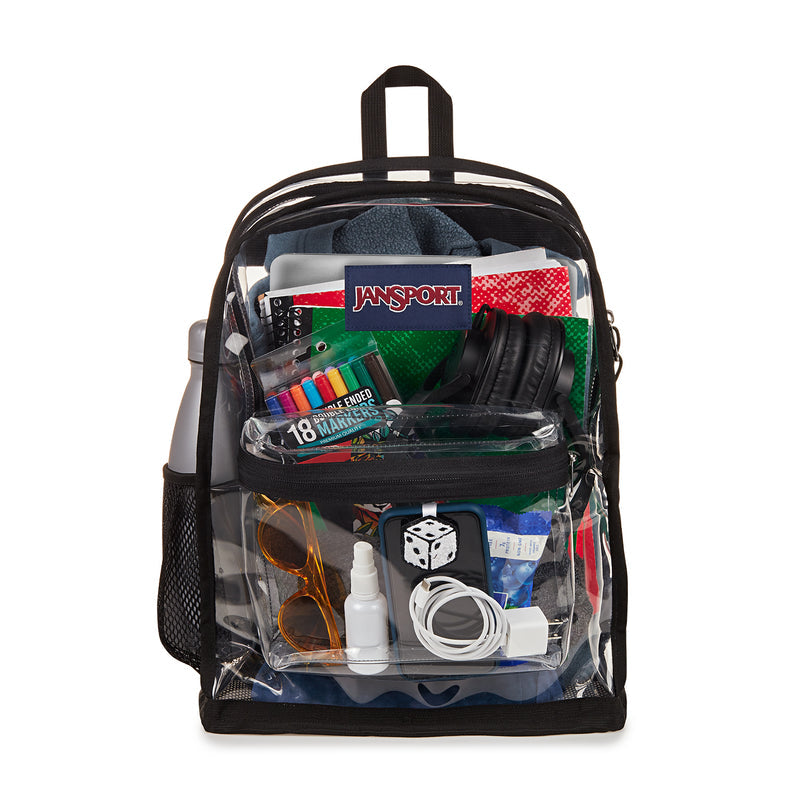 Black-trim clear Jansport backpack showing colorful contents through the front window.