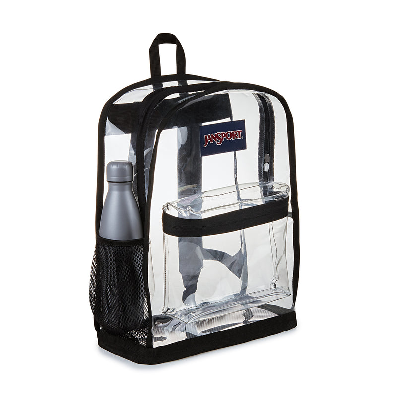 Black-trim clear Jansport backpack with mesh side pocket and bottle in front compartment.