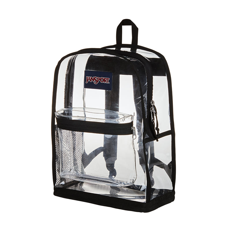 Black-trim clear Jansport backpack with side zippers and front storage window.