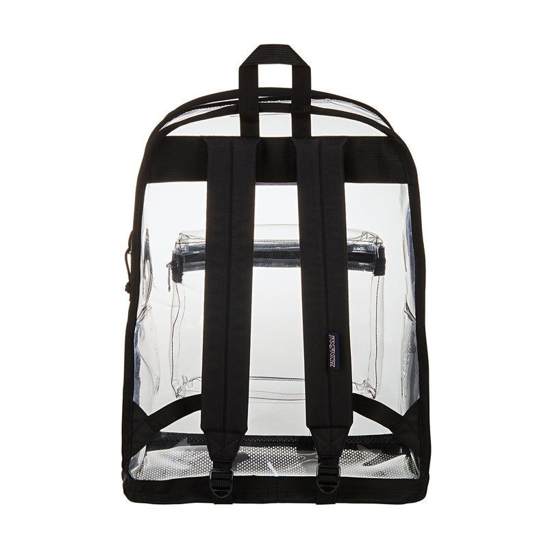 Clear Jansport backpack with black back straps and adjustable shoulder straps.