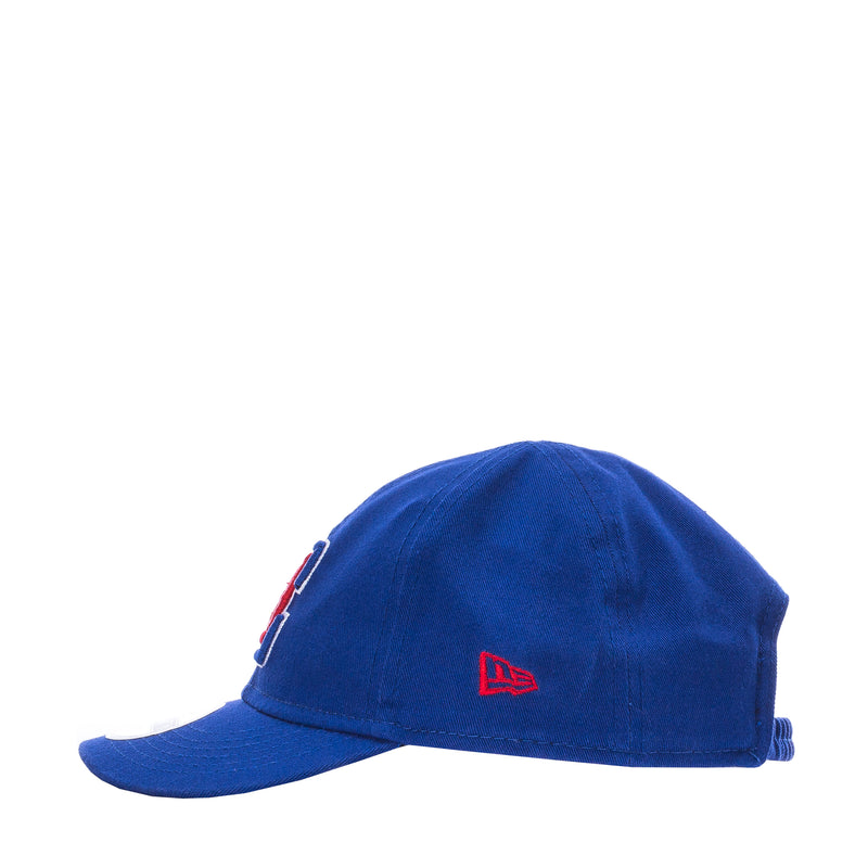 Infant blue baseball cap, back side with small red emblem on crown