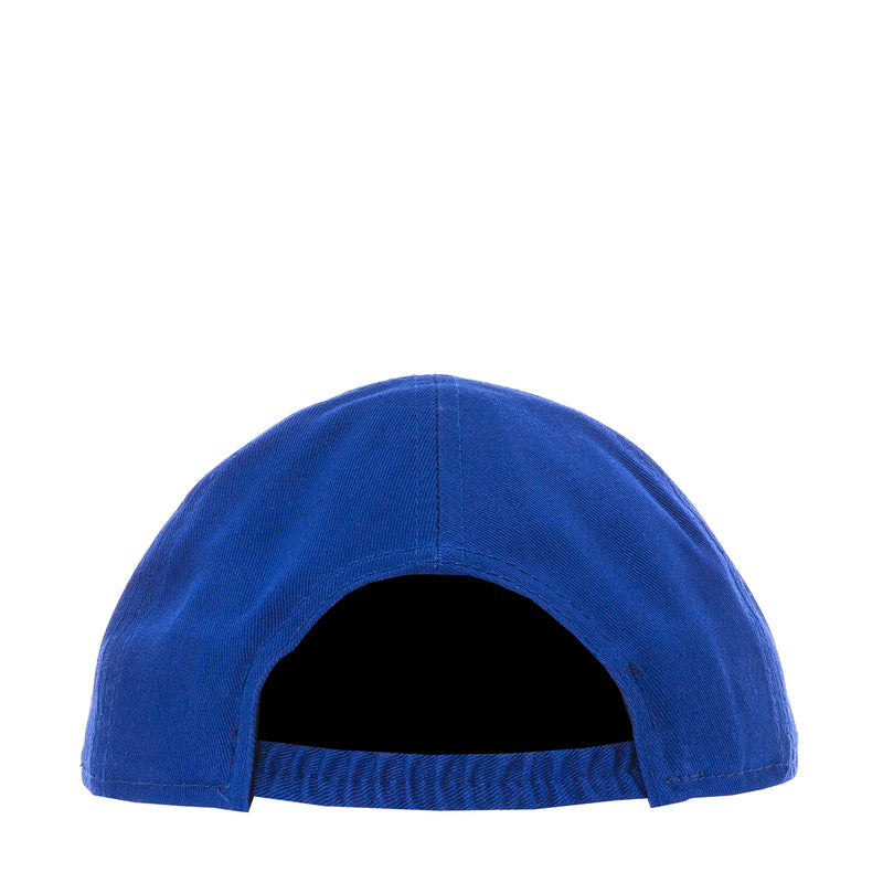 Infant blue baseball cap, open back showing inner lining