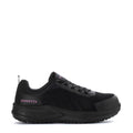 Women’s black steel-toe lace-up sneaker with berry logo, textured upper, rubber sole