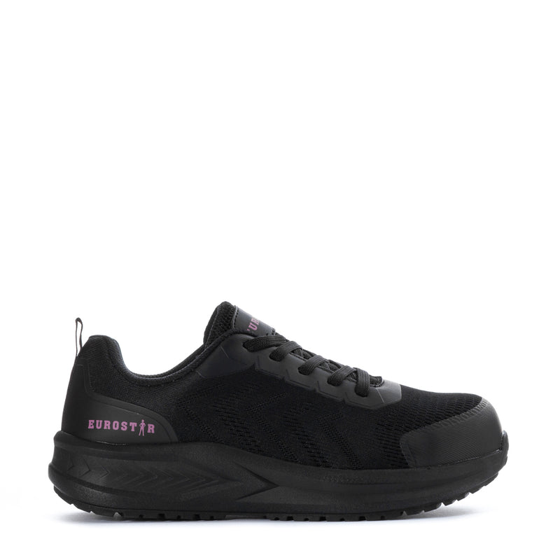 Women’s black steel-toe lace-up sneaker with berry logo, textured upper, rubber sole