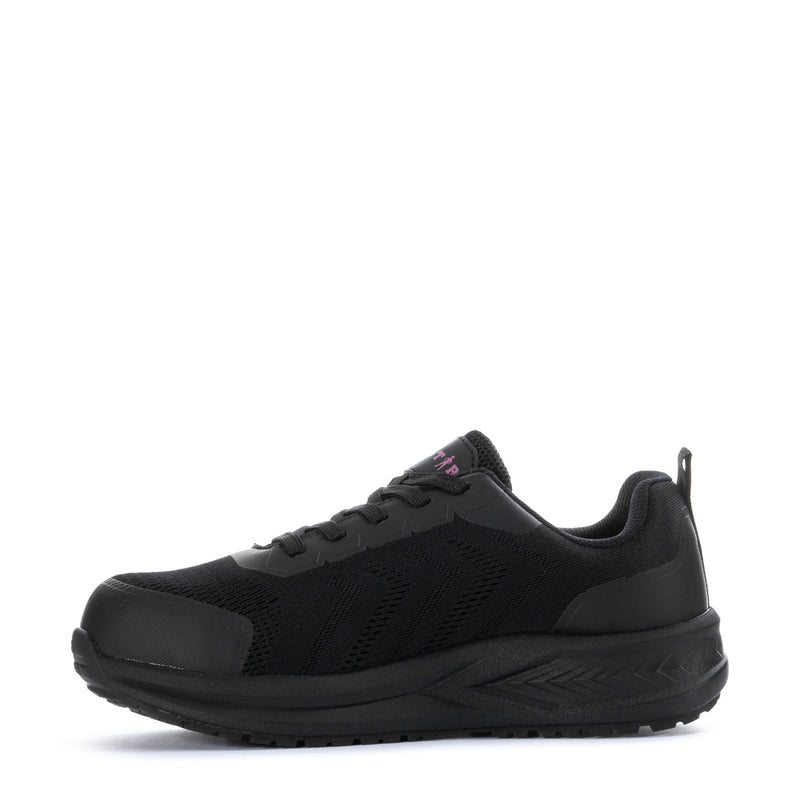 Women’s black steel-toe sneaker, side view, lace-up closure and cushioned rubber sole