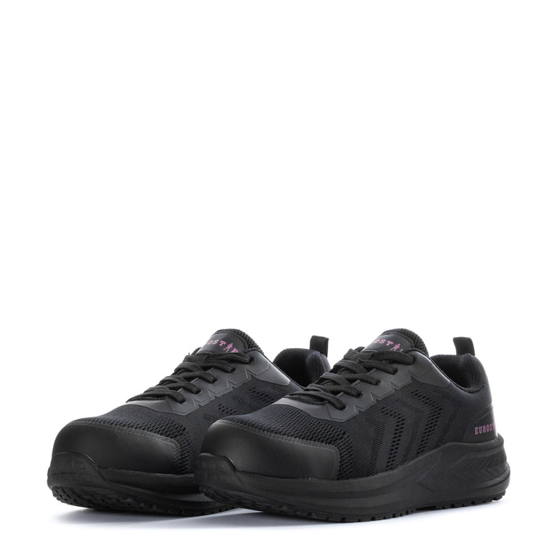 Women’s black steel-toe sneakers, front view, lace-up with textured upper panels