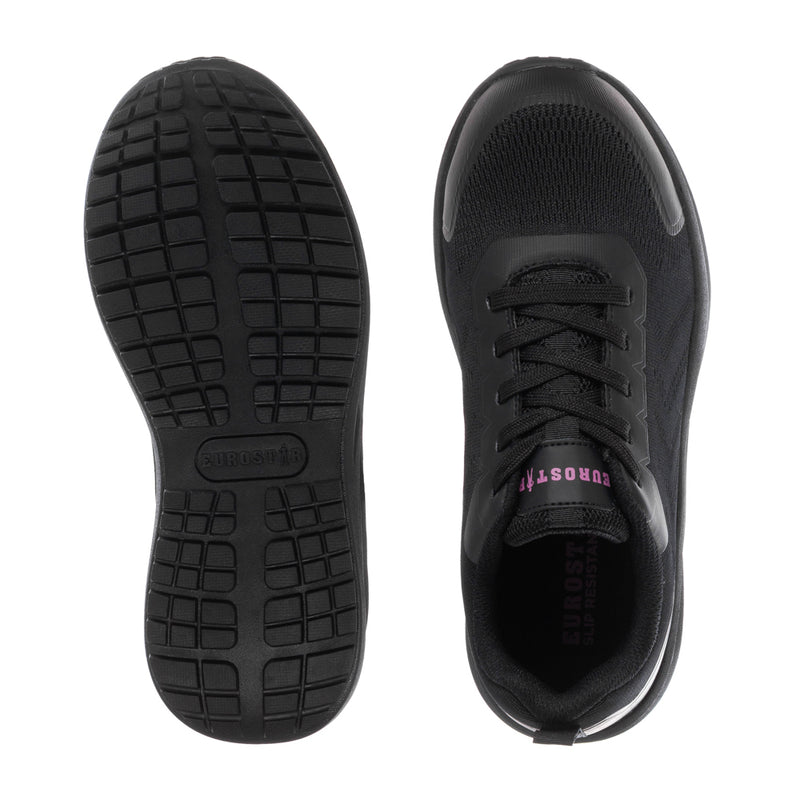 Women’s black steel-toe sneakers, outsole and heel view with deep tread pattern
