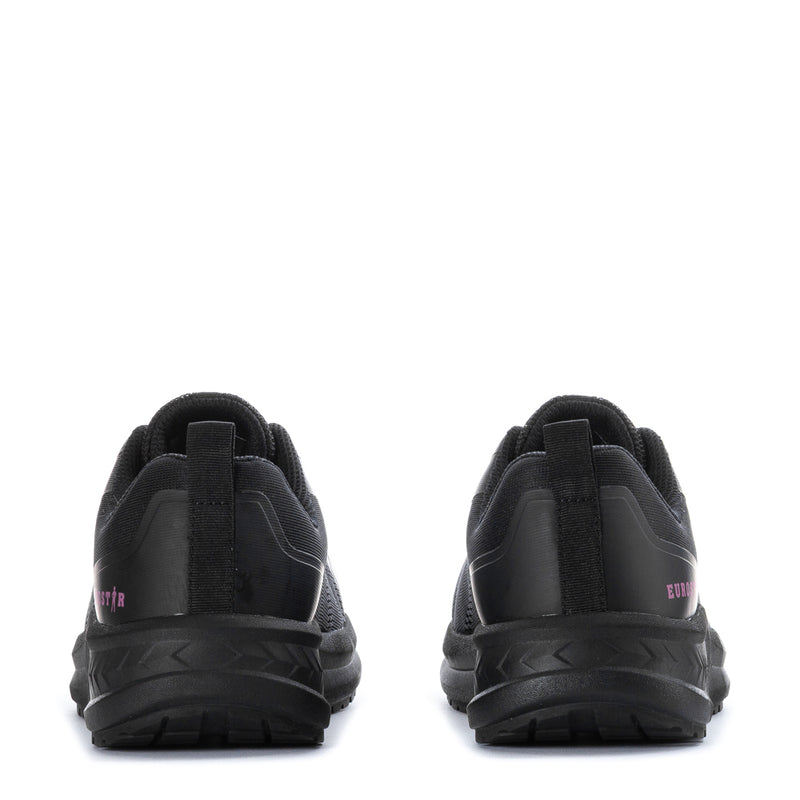 Women’s black steel-toe sneakers, back view, padded collar and heel pull tab
