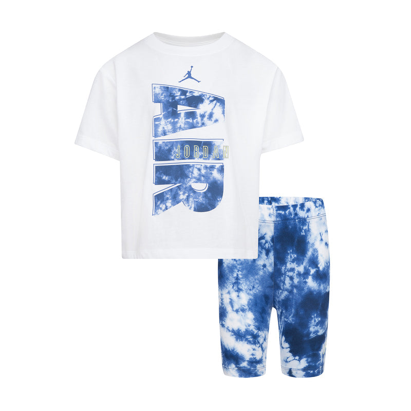 Kids bike short set: white T-shirt with blue Jordan graphic, blue tie-dye shorts